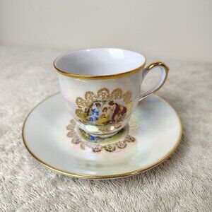Vintage MZ Demitasse Cup And Saucer Set Three Graces Iridescent Gold Czech